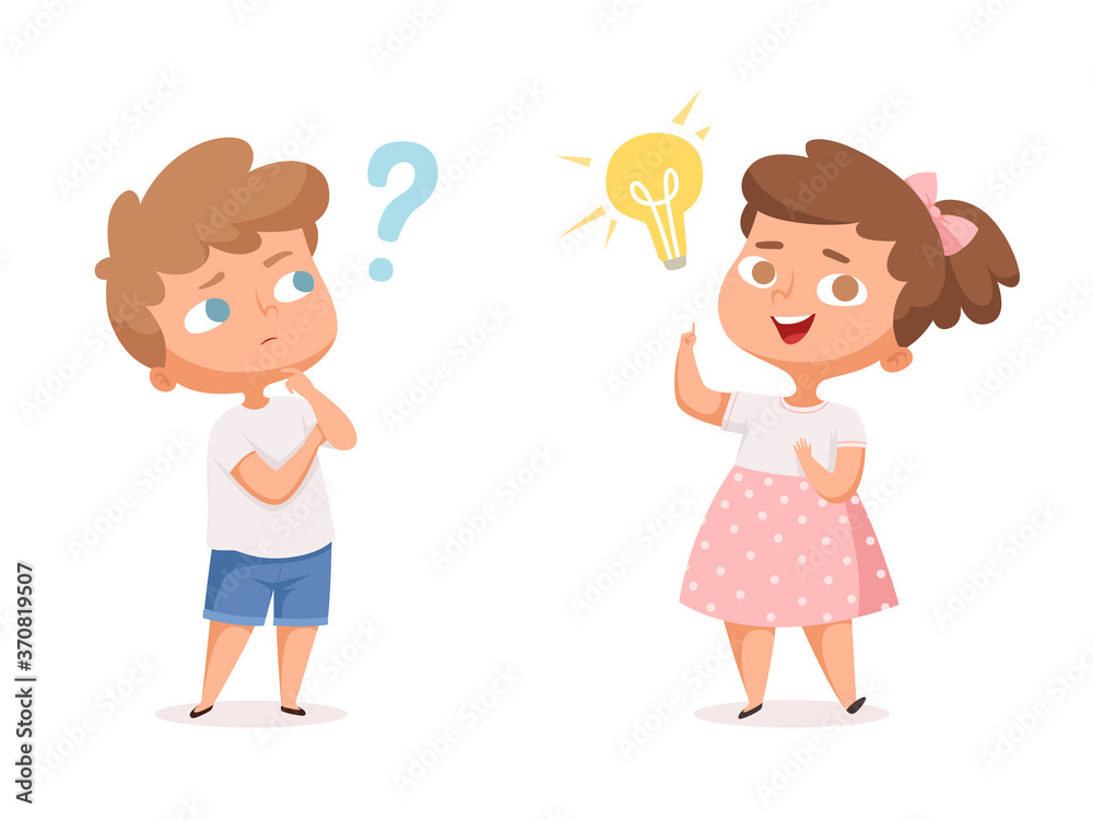 Kids good idea. Thinking people with question marks and happy mind lamp vector characters. Illustration person with idea, character education and study Kids good idea. Thinking people with question marks and happy mind lamp vector characters. Illustration person with idea, character education and study