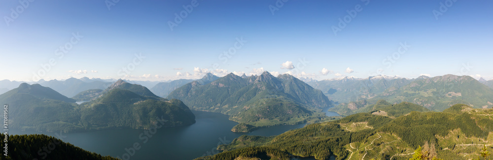Beautiful Panoramic View of Canadian Nature Landscape from the top of Tin Hat Mountain during a sunny summer evening. Taken near Powell River, Sunshine Coast, British Columbia, Canada.