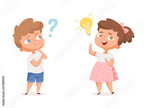 Kids good idea. Thinking people with question marks and happy mind lamp vector characters. Illustration person with idea, character education and study