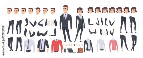 Cartoon businessman creation kit. Business woman and man or managers constructor, body gesture and hairstyle and emotions vector set. Illustration character man kit, creation set body