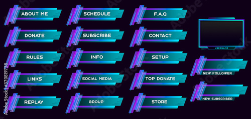 Twitch set of modern purple-blue gaming panels and overlays for live streamers. Design alerts and buttons for streaming. 16:9 and 4:3 screen resolution. Stream panels. Twitch overlays  design template photo