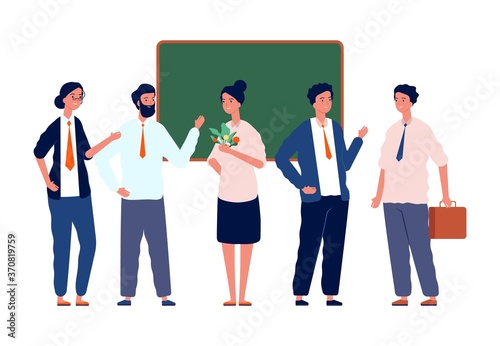 Teachers team. Back to school, professors crowd near blackboard. Team leaders or coachers, studying in college or university. Teacher Day vector illustration. Teacher school team nead blackboard