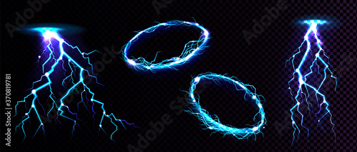 Electric circle and lightning strike, impact place, plasma ring or magical energy flash in blue color isolated on black background. Powerful electrical discharge, Realistic 3d vector illustration