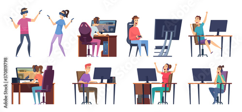 Cybersport players. Gamers playing in video games on pc in streaming studio vector cybersport characters. Online gamer, game pc, cybersport computer illustration