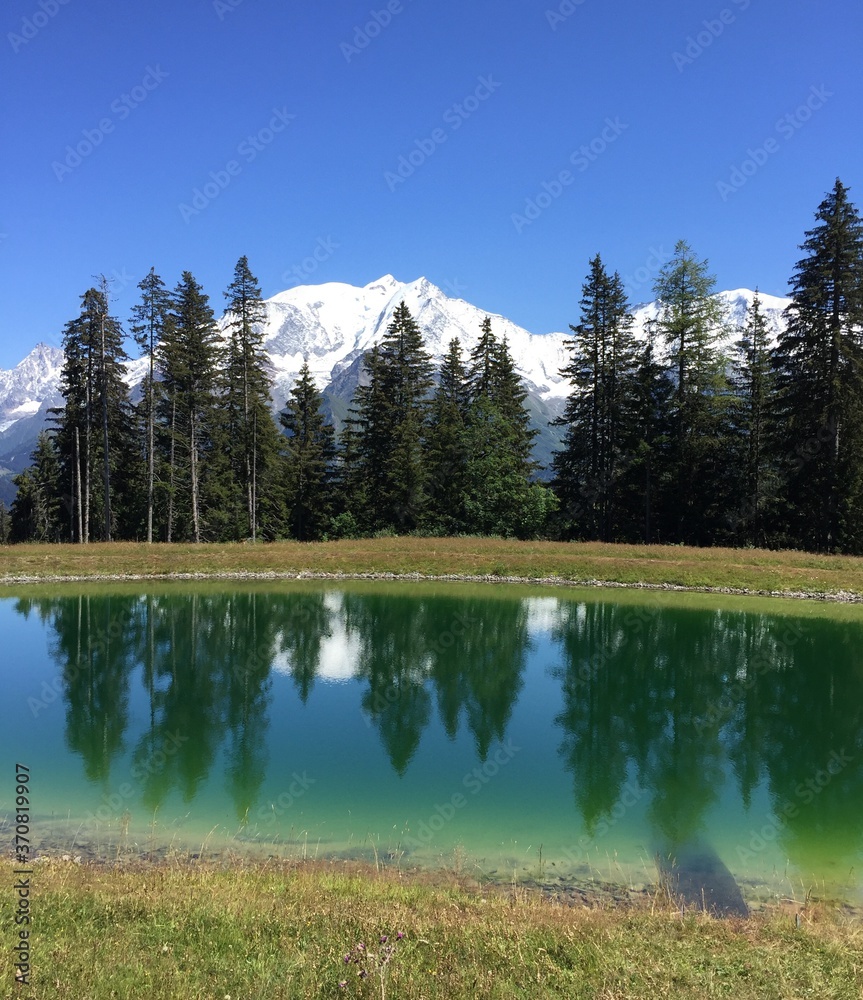 Reflet des sapins avec superbe vue sur le Mont-Blanc. Lieu : Saint-Gervais-les-Bains