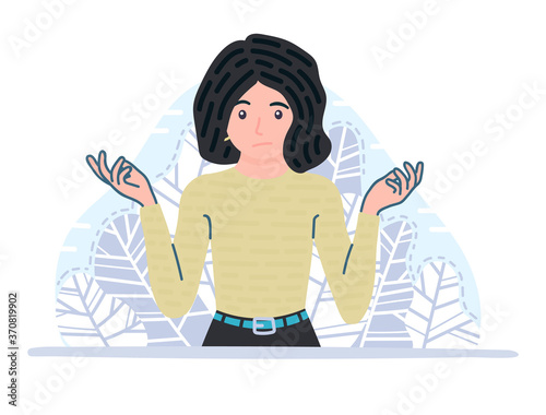 Confused young woman character. Puzzled, amazed girl in doubt making shrug expression