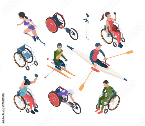 Paralympic games. Athletic disability persons in olympic sport celebration vector isometric characters. Sport in wheelchair, competition for disabled and paralympic illustration