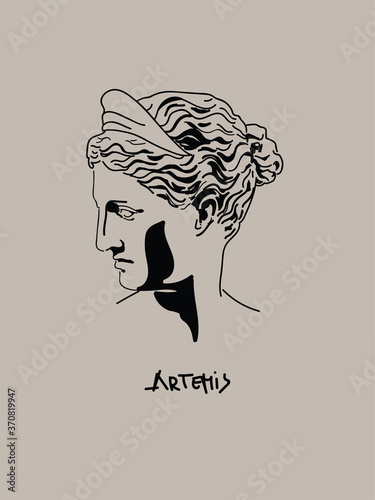 Greek Goddess Artemis Vector Art Portrait. Shadow Drawing