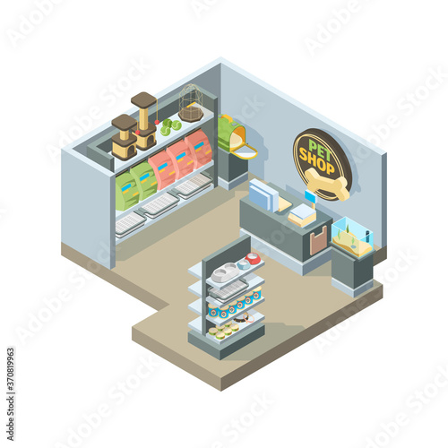 Pets shop interior. Isometric shopping house for domestic pets animals different products on store shelves vector building. Pet store and shop for domestic animal illustration