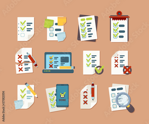Checklist collection. Business text lists with clip marks icons schedule vector pictures in flat style. Checklist and checkbox, checkmark, mark positive illustration