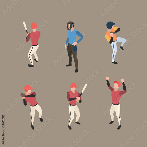 Baseball players. Sport people running bases pitcher baseball vector characters isometric in action poses. Illustration player baseball, pitcher and catcher