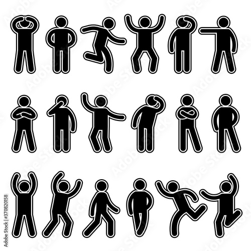 Stick figures. Human silhouettes pictogram action poses different expressions dialogue standing and running man vector symbols. Illustration silhouette human stick, man posture