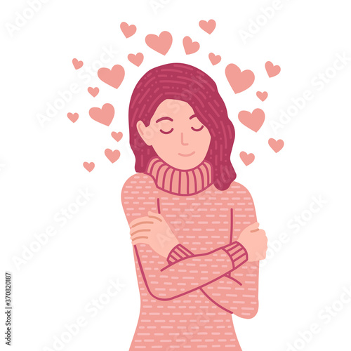 Love yourself illustration. Smiling attractive  calm woman hugs herself with hearts