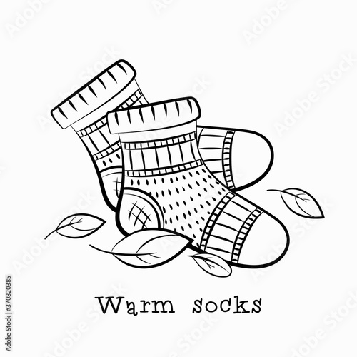 Socks are warm, knitted, pair. Outline picture to be coloring. Vector image isolated on a white background