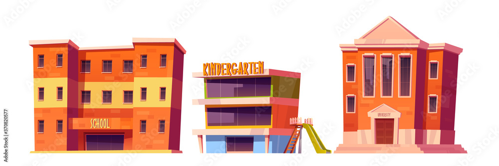 Educational institutions kindergarten, school and university buildings front view facade. Modern city establishment for studying, architecture isolated on white background. Cartoon vector illustration