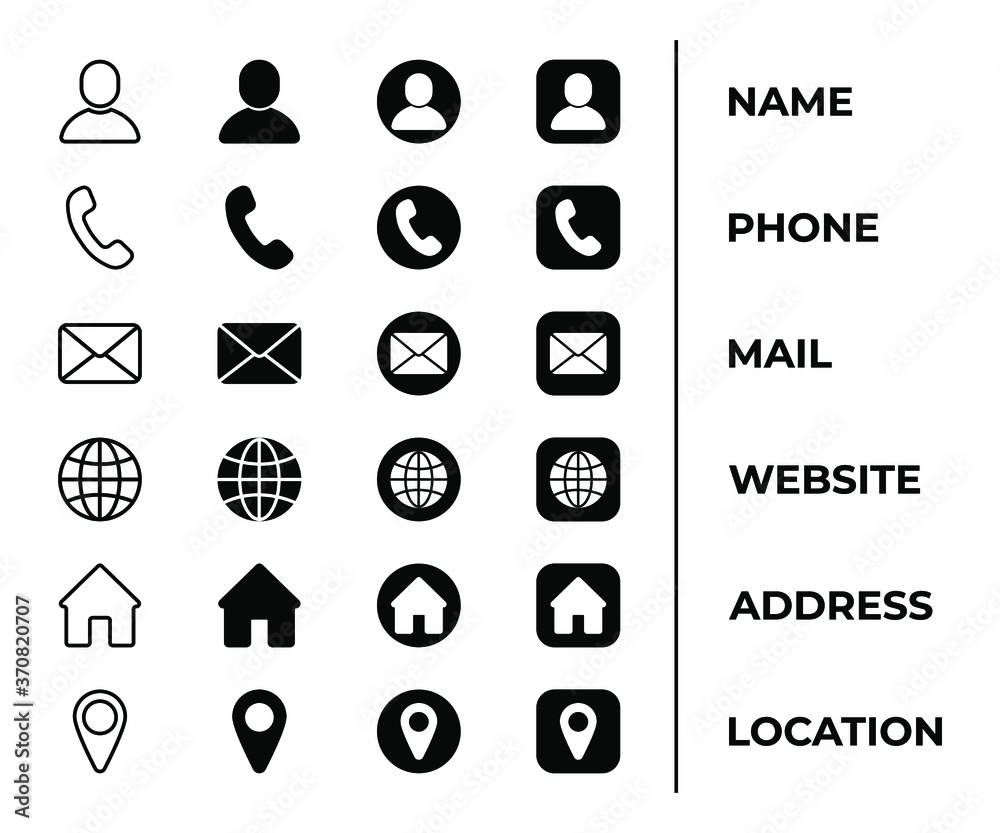contact icon set-vector illustration in solid black color and line work ...