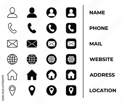 contact icon set-vector illustration in solid black color and line work for applications and other web applications