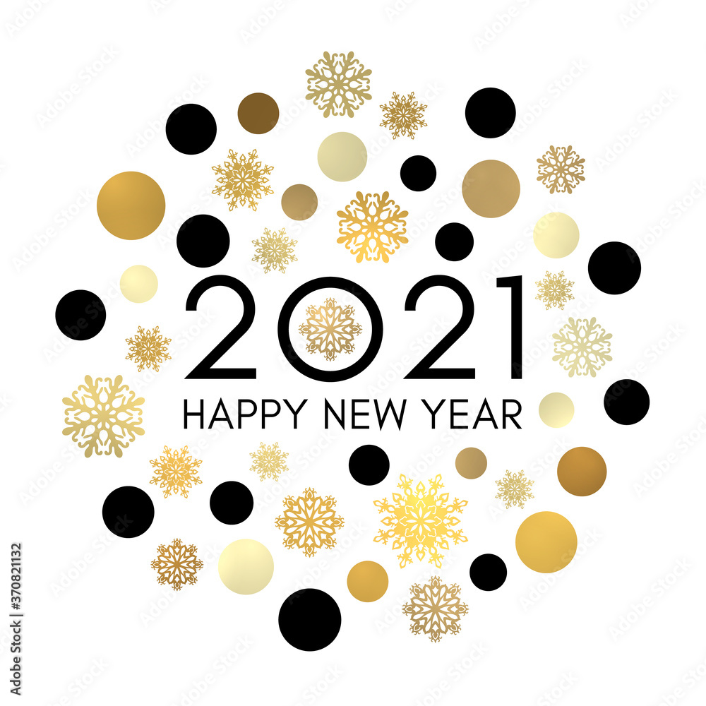 Obraz premium 2021 Happy New Year greeting card design. Black celebration text in frame of gold circles and snowflakes. Holiday golden decoration on white background for flyer banner poster calendar. Bright vector.