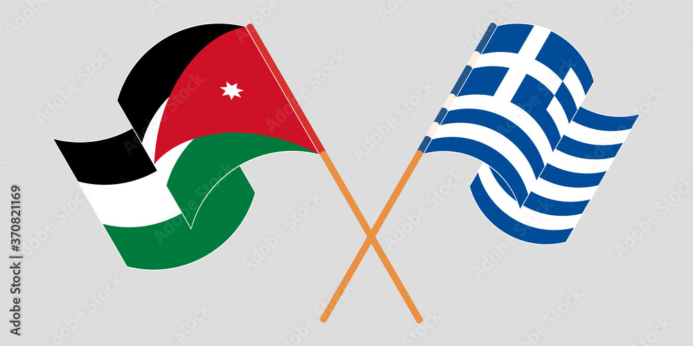 Crossed and waving flags of Jordan and Greece Crossed and waving flags of Jordan and Greece