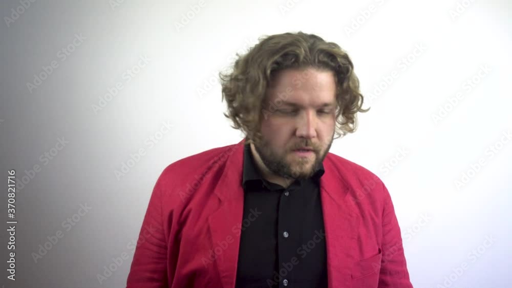 Young businessman in red suit Thinking after Big Business Loss, Portrait, Gesture. 4k.