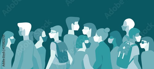 Crowd of various people in protective medical face masks. wearing protection from viruses during covid-19 pandemic. Crowded public place, transportation, subway. Flat vector illustration