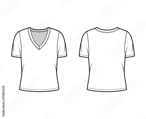 Deep V-neck jersey t-shirt technical fashion illustration with short sleeves, oversized body. Flat top apparel template front, back white color. Women, men unisex outfit CAD mockup