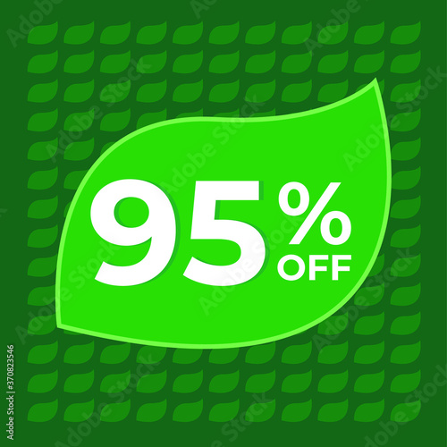 95% off. Ninety-five percent off on a green background with tree leaf concept vector.