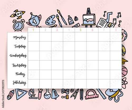 School timetable schedule template. Student lesson chart plan or weekly study planner with school supplies, pupil bags or backpacks, books, pencils and pens, paint and brush. Doodle hand drawn style