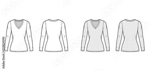 Deep V-neck jersey sweater technical fashion illustration with long sleeves, close-fitting shape tunic length. Flat shirt apparel template front back white grey color. Women men unisex outfit top CAD