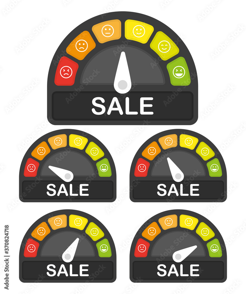 Risk sale meter set. High speed. Flat infographic on white background. Arrow icon. Vector illustration. Risk sale meter set. High speed. Flat infographic on white background. Arrow icon. Vector illustration.
