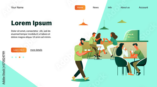 Coffee shop interior vector illustration. Young men and women drinking coffee at tables or counter. Modern cafe image for canteen or catering concept