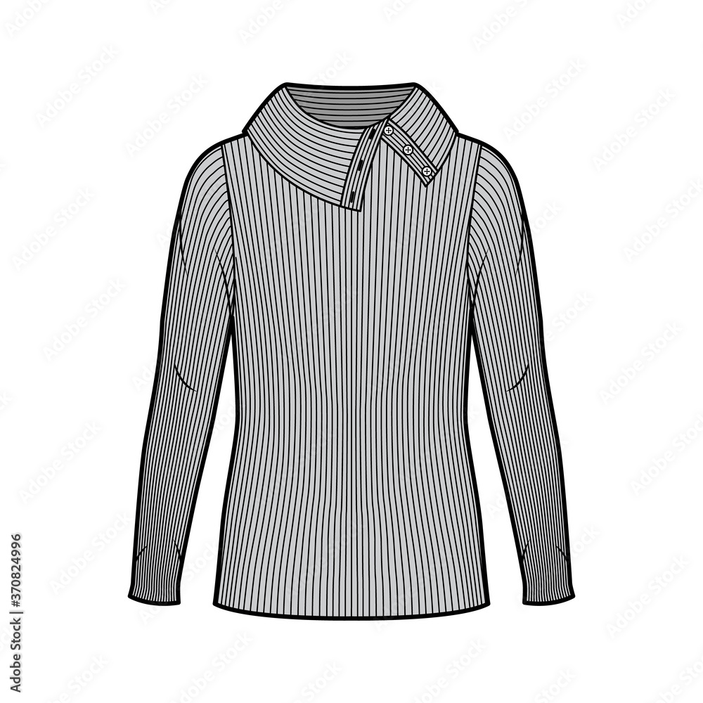 Wide button-up turtleneck ribbed-knit sweater technical fashion illustration with long sleeves, oversized body, tunic length. Flat sweater apparel template front grey color. Women men unisex shirt top Wide button-up turtleneck ribbed-knit sweater technical fashion illustration with long sleeves, oversized body, tunic length. Flat sweater apparel template front grey color. Women men unisex shirt top