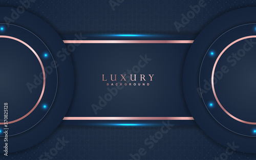 Luxury background design with blue navy and rose golden  element decoration. Elegant shape vector layout template illustration for use cover magazine, poster, flyer, invitation, product packaging