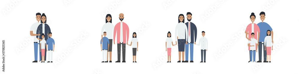 Traditional families set. Fathers, mothers, sons and daughters. Family health insurance concept. Flat style. Vector illustration
