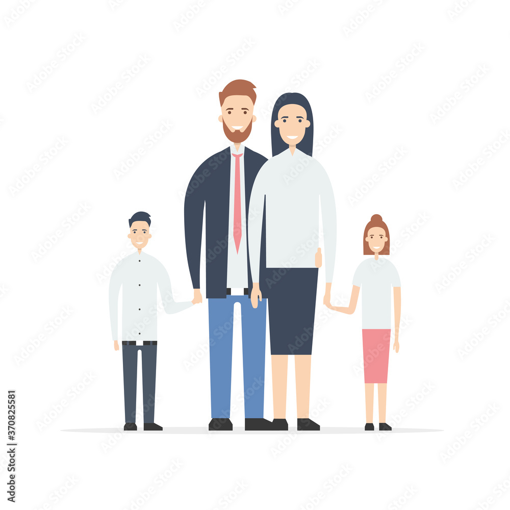 A traditional full family. Father, mother, son and daughter. Family health insurance concept. Flat style. Vector illustration.
