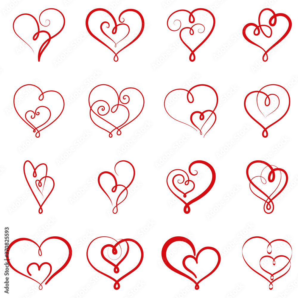 Big vector set of red swirly hearts. Ornate elements for valentine card and banner. Heart silhouettes on white background