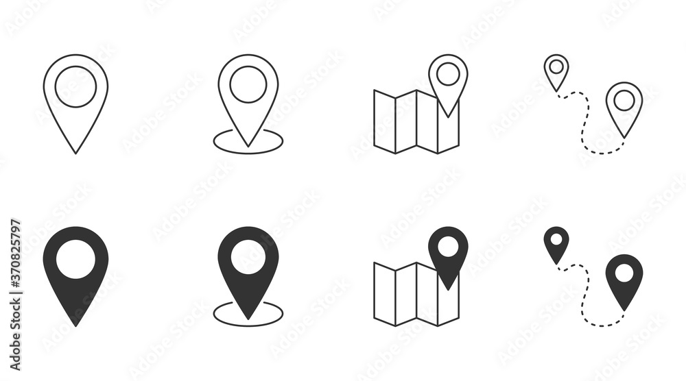 Location vector icon. Editable stroke. Geolocation map path distance. Destination delivery road home. GPS cartography travel position. Glyph and linear icons - obrazy, fototapety, plakaty 