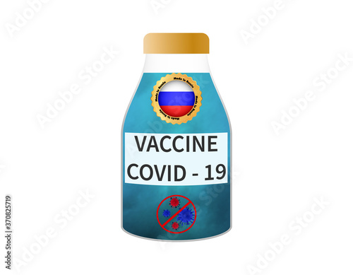 A coronavirus vaccine has been created. Bank of the vaccine with the Russian emblem. Stock vector illustration on a white isolated background.