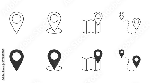 Location vector icon. Editable stroke. Geolocation map path distance. Destination delivery road home. GPS cartography travel position. Glyph and linear icons photo