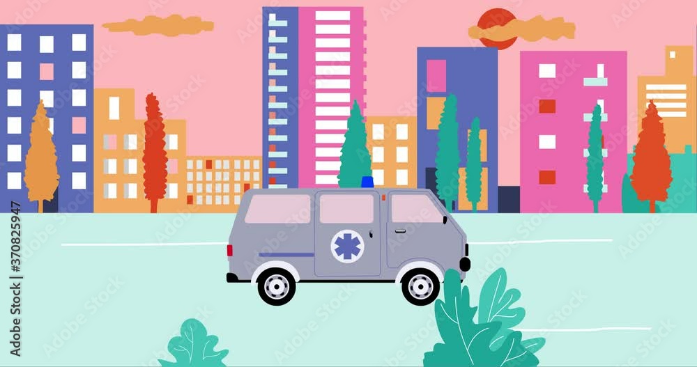 Ambulance past by empty streets in city during summer sunset. Outbreak coronavirus in city. Cartoon animation, flat design, loop 4k Ambulance past by empty streets in city during summer sunset. Outbreak coronavirus in city. Cartoon animation, flat design, loop 4k