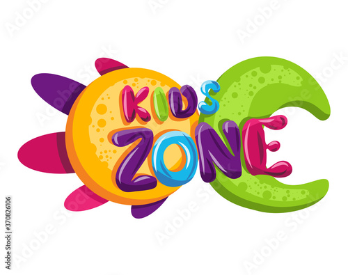 Kids zone. Children playground game room or center emblem. Playroom banner for children play zone. Kid entertainment camp poster. Toys fun playing zone, games party and play area poster