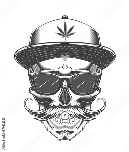 Vintage monochrome skull with sunglasses, baseball cap and mustache. Isolated vector template