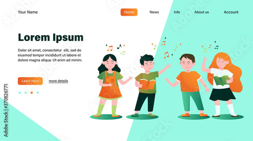 Cartoon children choir flat vector illustration. Cute kids singing song at music school, church or vocal group. Friendship, music and performance concept