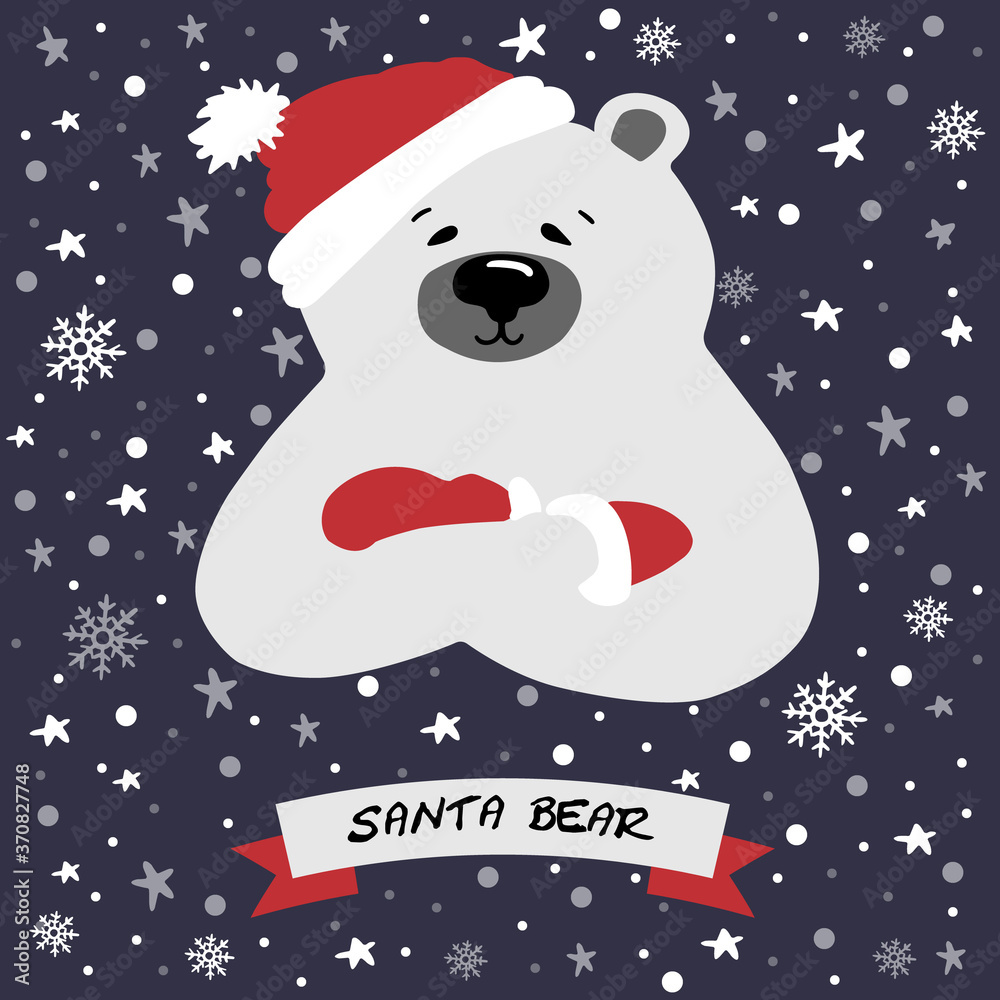 Vector flat illustration of polar bear in a hat with a pompom and mittens. On a dark blue background with flakes of snow and the inscription: Santa bear. New-year/ Christmas card, print, web.