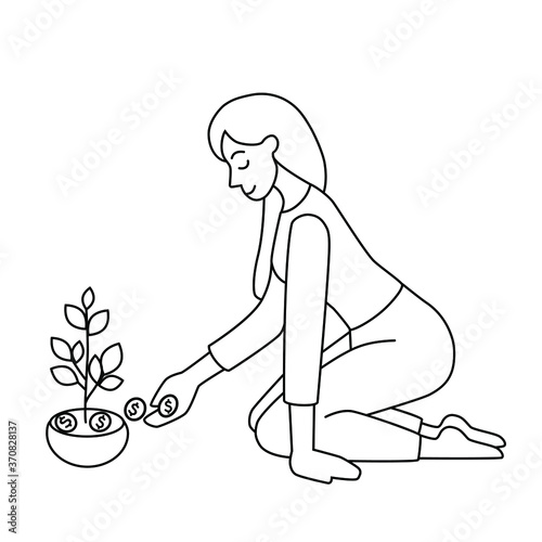 The concept of money saving, accumulation and financial growth. A woman puts coins in a pot of sprouts. Black sketch, outline on a white background. Cartoon vector illustration.