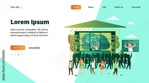 Cartoon people entertaining at open air festival flat vector illustration. Music performance, party or rock concert outdoors. Entertainment, park and weekend concept