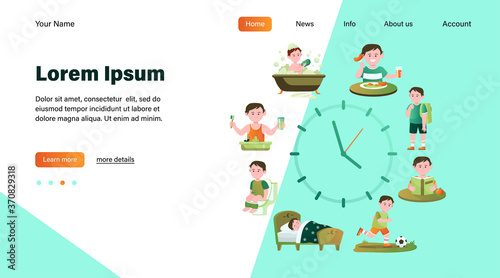Child daily routine clocks flat vector illustration. Cartoon schedule of happy boy life from eating breakfast, going school to sleeping. Health and activity concept