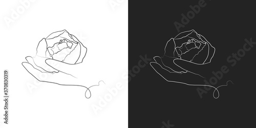 Abstract vector logo peony in the hand, for flower delivery or flower shop