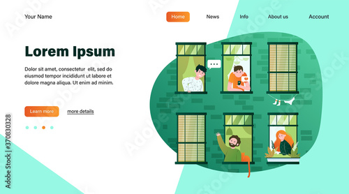 Apartment open windows with friendly neighbors flat vector illustration. Young people living in one building, man with cat talking with other guy. Lifestyle and friendship concept