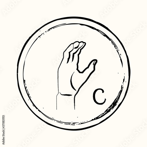 This is a retro image of a letter from the American alphabet in the style of ink drawing. This is a hand gesture for deaf people signifying the letter C.